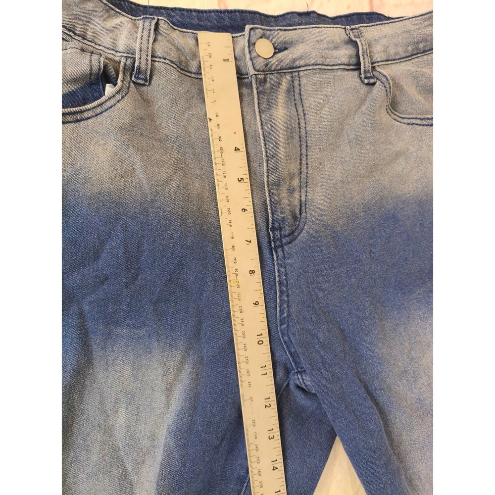 Embroidered Floral Flare Leg Blue Jeans High Rise Raw Hem 34 Waist Boho Hippie - Picture 4 of 5